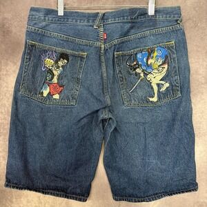 RMC Red Monkey Shorts‎ Mens 40 Blue Denim Embroidered Anime Graphic Back Pockets